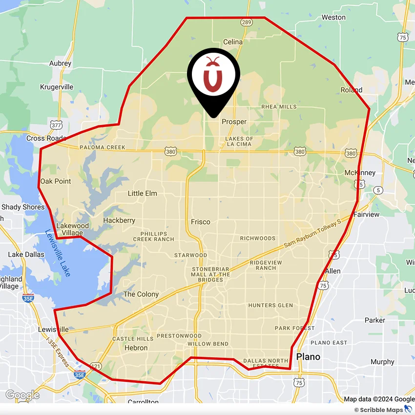 Bug Commander Service Area Map Prosper, TX